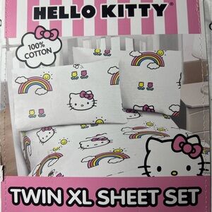 Twin XL Hello Kitty Pink bow rainbows White Sheet Set